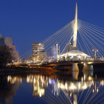 esplanade riel reflecting on the red river before dawn