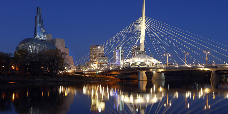 esplanade riel reflecting on the red river before dawn